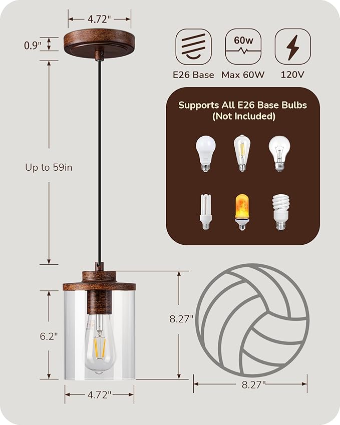 EDISHINE 2 Pack Farmhouse Pendant Lights Kitchen Island, Adjustable Pendant Light Fixtures with Brown Wood Grain Finish and Clear Glass Shade, Island Lights for Kitchen, Hallway(Bulb Not Included)