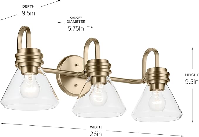 Kichler Farum 26" 3-Light Bathroom Vanity Light Fixture with Clear Glass in Champagne Bronze for Over Mirror, Modern Wall Mount Lighting (26" W x 9.5" H), 55155CPZCLR