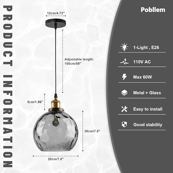 Smoke Gray Glass Pendant Light, Vintage Pendant Lights Kitchen Island Dining Room Pendant Lighting with Hammered Globe Shade, Industrial Hanging Light 1-Light Chandelier for Bedroom Home Bar