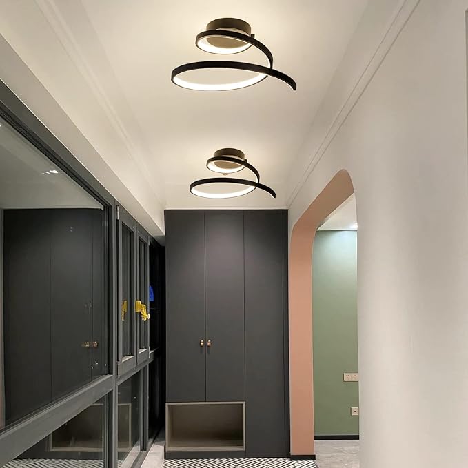 Modern LED Ceiling Light 24W Spiral Design Ceiling Lighting Fixture 18 inch,4000K Warm White Light Fixture for Hallway Aisle Balcony Bedroom Kitchen Office (Black)