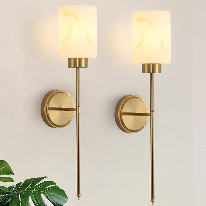 Gold Wall Sconces Set of 2 with Marble Glass Shade, Modern Bathroom Vanity Light Fixtures for Bedroom, Hallway, Entryway, Living Room