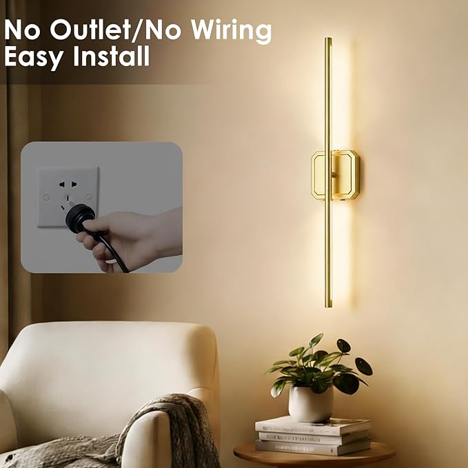 Battery Operated Wall Sconces Set of 2, Rechargeable Wall Sconces with Remote Control, LED Gold Wall Lights, 3000K-6000K Dimmable 360° Rotatable for Living Room, Bedroom, Hallway, 28''