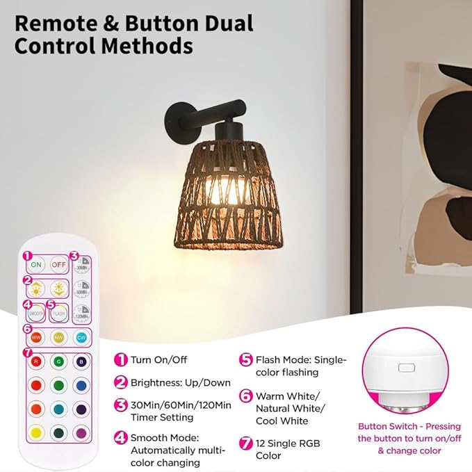 Boho Battery Operated Wall Sconce Set of 2, Brown Rattan Rechargeable Wall Lights with Dimmable Bulbs and Remote,15 Colors Wireless Wall Lamps for Bedroom Living Room Hallway Decor
