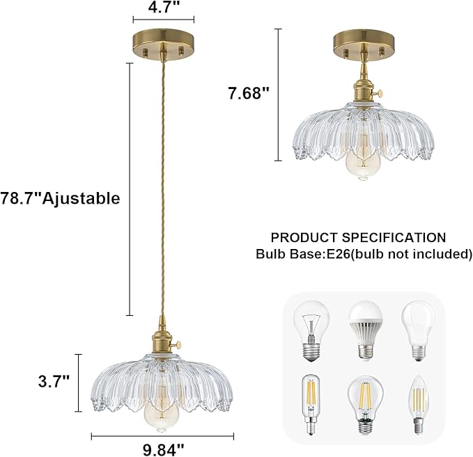 EDSILIVE Vintage Flower Glass Pendant Lights Kitchen Island 9.84" Antique Flower Clear Glass Hanging Ceiling Light Fixture with Adjustable Brass Twine Wire for Dining Room Kitchen Table, Gold Clear
