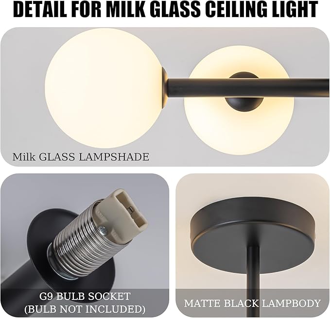 EDISLIVE 5-Light Semi Flush Mount Glass Ceiling Light Frosted Globe, 26.4 in Modern Sputnik Light Fixture Chandeliers with Milk Glass Shade Black Finished