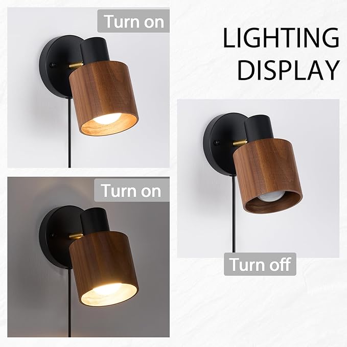 Modern Black Plug-in Wall Lamp - Real Walnut Wood Shade with Adjustable Directional Lighting, Industrial Wall Sconce for Bedroom, Living Room, Home Office