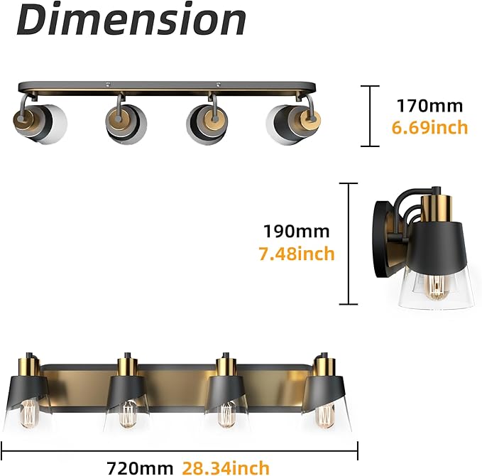 URSOLA Bathroom Vanity Light, 4 Lights Bathroom Light Fixtures, 28.3 inch Bathroom Light Fixtures Over Mirror, Black and Gold, with Bevelled Edge and Clear Glass Shade Wall Lamp