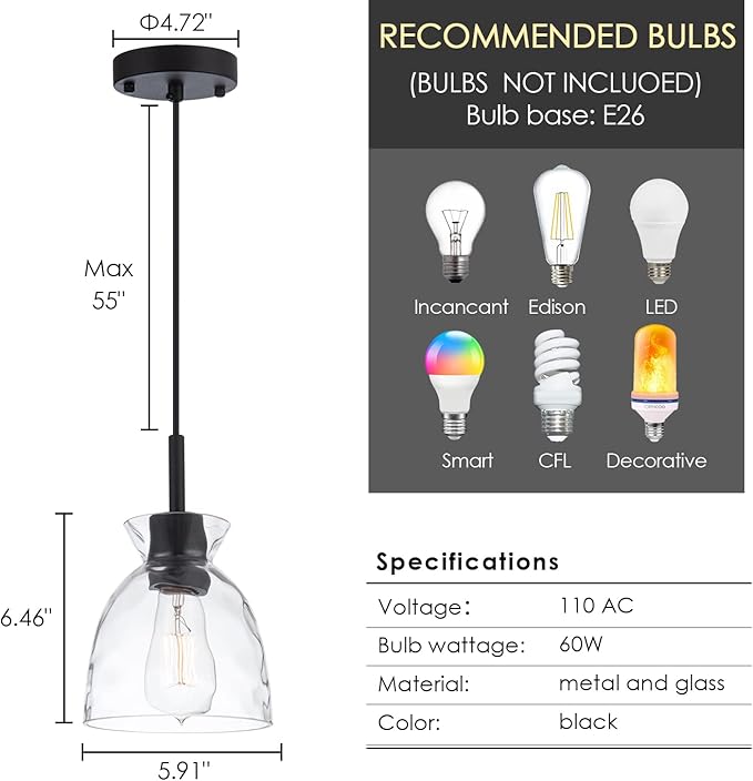 Pendant Light Over Sink with Industrial Hammered Glass Farmhouse Hanging Ceiling Light Adjustable Cord for Kitchen Island Dining Table