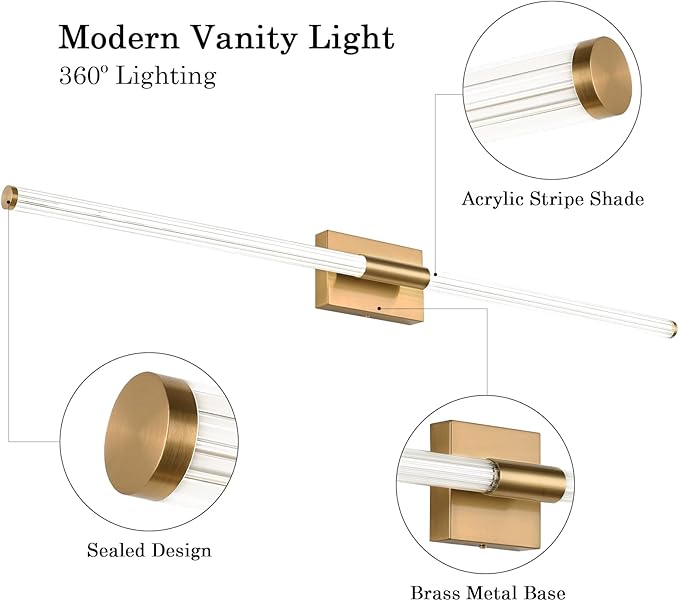 Modern LED Vanity Light, 360° Full Lighting Bathroom Light Fixture Over Mirror, 36W 5500K Cool White, Hardwired Wall Sconce, 47.2 Inch, Brass