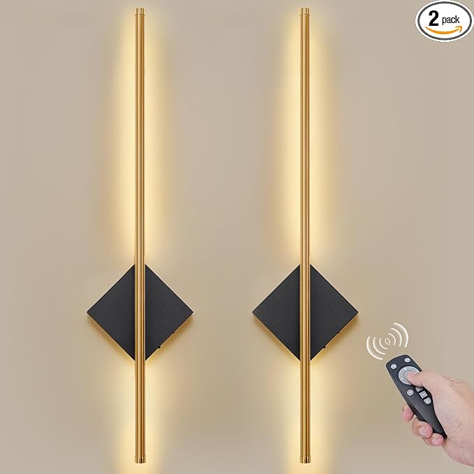 Battery Operated Wall Sconces Set of Two - Wireless Rechargeable Wall Light with Remote - Gold and Black Wall Lamp Dimmable Modern Home Decor for Bedroom Living Room Hallway Timing 31.5 Inch