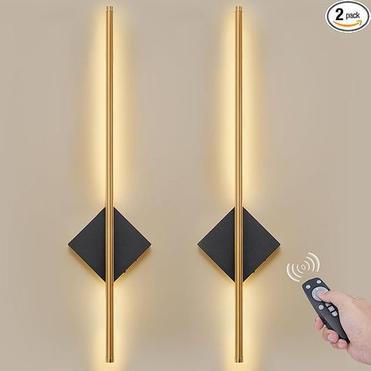 Battery Operated Wall Sconces Set of Two - Wireless Rechargeable Wall Light with Remote - Gold and Black Wall Lamp Dimmable Modern Home Decor for Bedroom Living Room Hallway Timing 31.5 Inch