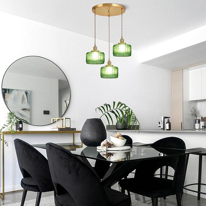 3-Light Modern Chandelier Pendant Light - Mid Century Sputnik Glass Globe With Green Striped Shade, Gold Adjustable Ceiling Lamp for Dining Room