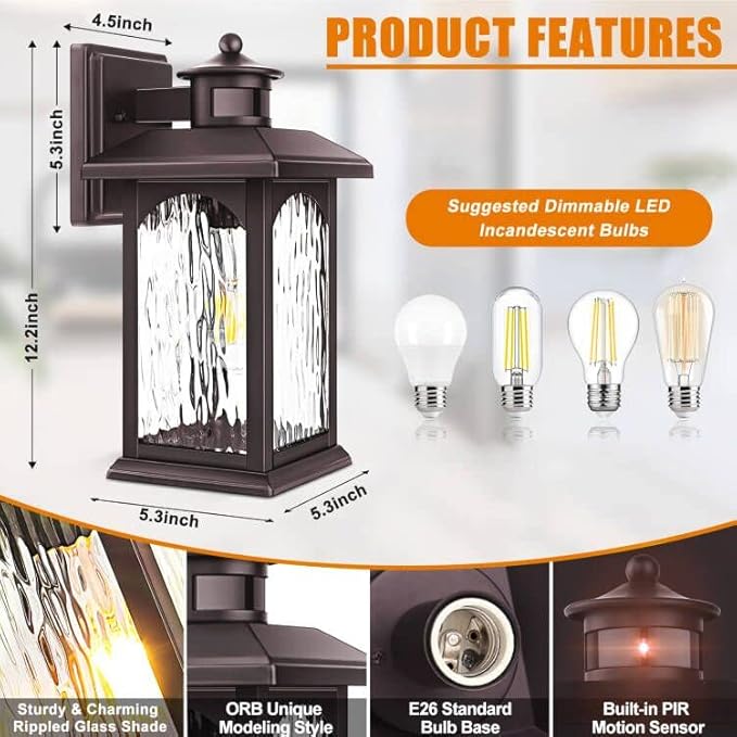 Brown Motion Sensor Outdoor Wall Sconce - Smart Dusk to Dawn Outdoor Lighting, Oil Rubbed Bronze Outdoor Wall Lights & Exterior Light Fixtures, Porch Lights with Water Rippled Glass for Garage House