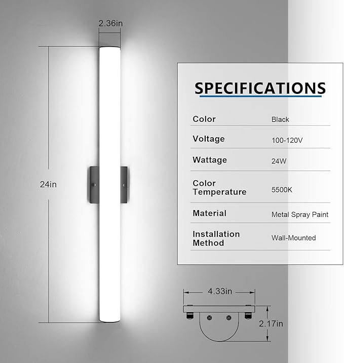 Black Bathroom Vanity Light Bar - 24W 24" Dimmable LED Modern Light Fixture for Bathroom Mirror - Wall Mount Vanity Lighting - Matte Black