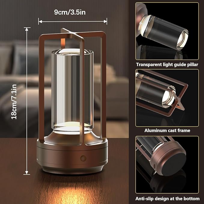 Cordless Portable Table Lamp Rechargeable for Indoor/Outdoor, 3000mAh Small Battery Powered Operated Lights, 3 Color Modes Dimmable Waterproof, LED Desk Lamp for Restaurant/Bedroom/Camping (Brown)