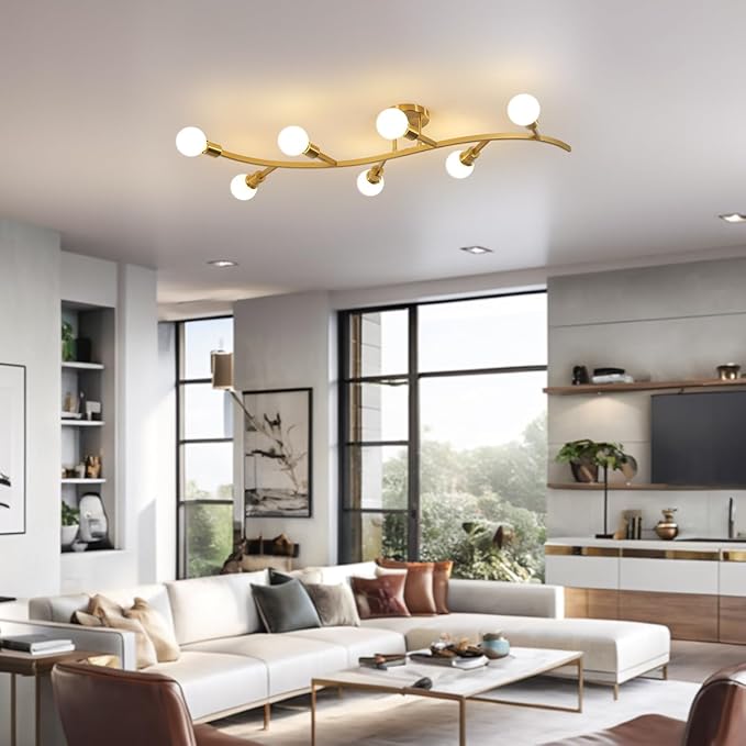 Gold Modern Sputnik Semi Flush Mount Ceiling Light Fixture 7-Lights,Mid Centur Minimalist Sputnik Chandelier for Living Room,Dining Room,Bedroom,Kitchen,Hallway(Bulbs Not Included)