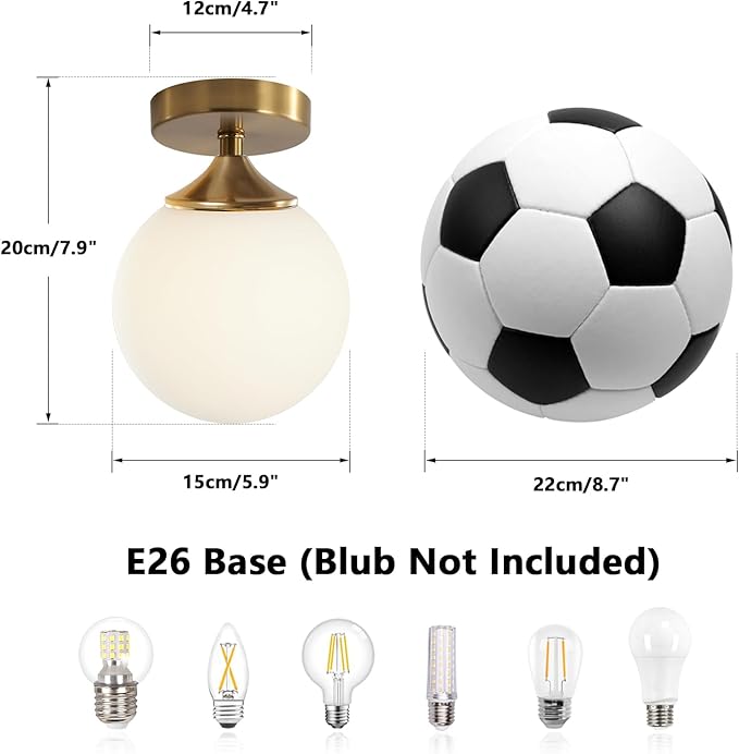 KCO Lighting Small Milk Glass Globe Semi Flush Mount Ceiling Light Mid Century Modern Gold Ceiling Light Fixtures Brass Hallway Light for Hallway Entryway Bedroom
