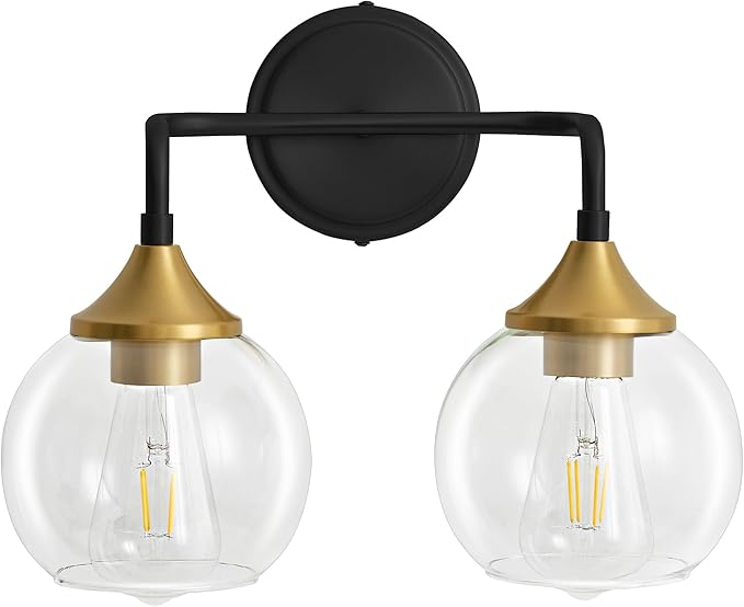 Black and Gold Bathroom Vanity Light with Clear Glass Shade, E26 Base, 2-Light Bathroom Light Fixtures Over Mirror, 14 Inch Vanity Lights for Bathroom (Exclude E26 Bulb)
