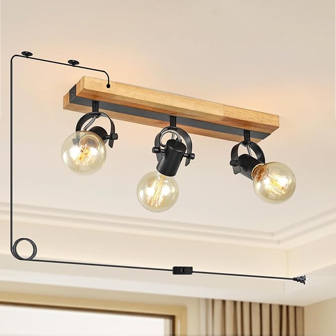 SEEBLEN 3 Light Plug in Track Light,Farmhouse Plug in Ceiling Light with 14.76-Foot Cord,Rotatable Ceiling Spotlight for Kitchen Dining Room Cabinet Hallway Living Room(No Bulb)