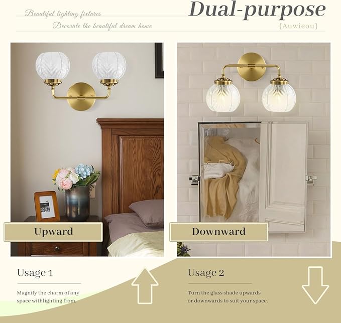 Vintage Bathroom Vanity Lights Over Mirror, 2 Light Gold Wall sconces with clear Glass Shade Bathroom Light Fixture mid Century Wall Sconce Light Glass Wall Lighting for Bedroom Doorway Hallway