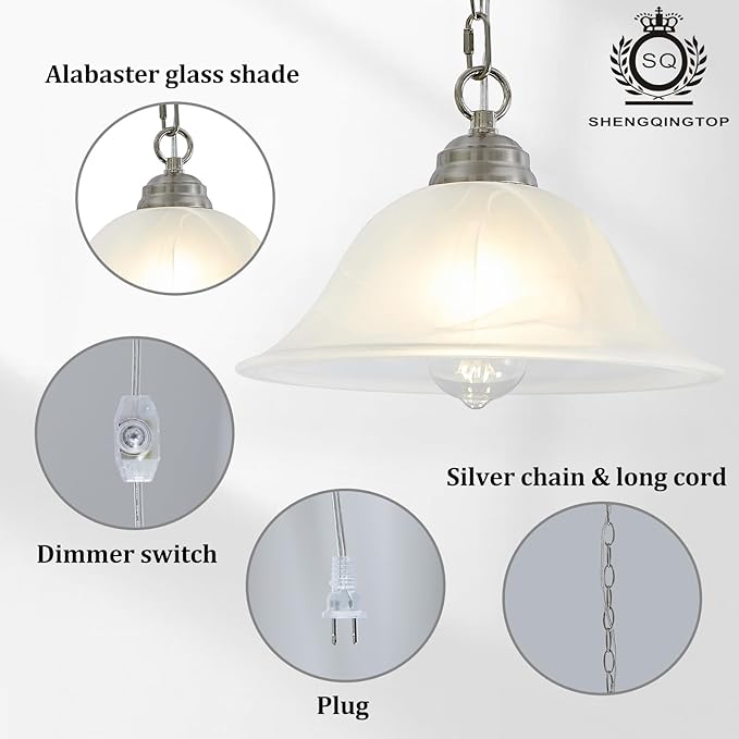 Plug in Pendant Light Alabaster Glass Shade Hanging Lamp with On/Off Switch,16.4Ft Cord & 14.7Ft Chain Dimmable Brushed Nickel Swag Light Fixture for Kitchen Sink Bar Nook Farmhouse