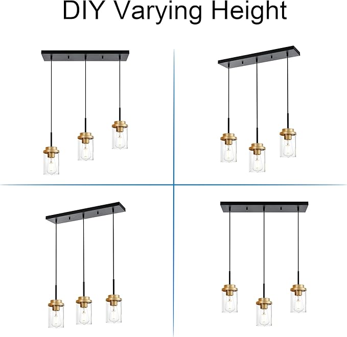 MELUCEE 20.5 Inches Dining Room Light Fixture Hanging 3-Lights Kitchen Pendant Light Fixture Over Island Black Ceiling Hanging Lamp with Clear Glass Shade, Gold Socket