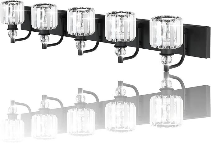 Ralbay Crystal Black Vanity Light Fixtures 5 Light Crystal Bathroom Light Fixtures Over Long Mirror Modern Matte Black Bath Wall Lights