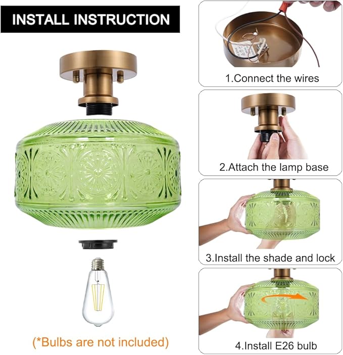 Semi Flush Mount Ceiling Light, Vintage Small Ceiling Light Fixture, Thickened Glass Hallway Light Fixture, Brass Kitchen Ceiling Mount Lamp with Green Glass for Entry Way, Bedroom, Bathroom, Porch