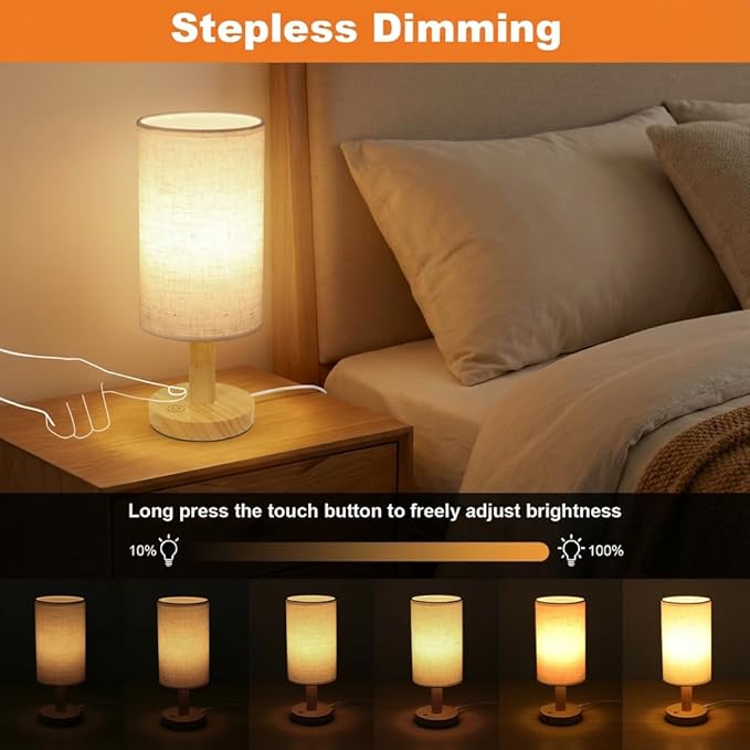 Touch Bedside Table Lamp with USB Powered,Stepless Dimming 2700K Warm Night Light, Minimalist Wood Base Linen Shade,Boho Nightstand Lamp for Bedroom Nursery Dorm Kitchen Small Spaces (5W LED 50K Hrs)