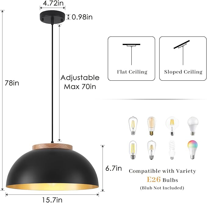Large Pendant Lights, 16" Black Pendant Light for Kitchen Island, Farmhouse Pendant Light Fixtures for Dining Room, Living Room, Bedroom, Bar, Vintage Pendant Lamp with Wooden Holder, 2 Pack