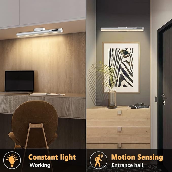 Battery Powered Operated Wall Strip Lights, Motion Sensor LED Light Bar Indoor, Rechargeable Magnetic Under Cabinet Lighting Wireless with Remote Control for Picture Shelf Bathroom – Silver