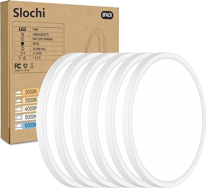 slochi 6Pack LED Flush Mount Ceiling Light, 7 Inch 15W 1500LM, Super Slim 0.7 Inch, 3000K-6500K Adjustable Round Closet Ceiling Light Fixture for Living Room,Bedroom,Kitchen,Bathroom,Hallway-White