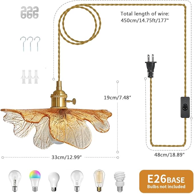 2 Pack Pendant Lights 15ft Hanging Light with Plug in Cord Mid Century Modern Pendant Light Fixtures Hand Blown Amber Glass Pendant Light Plug in Hanging lamp for Kitchen Living Dining Room