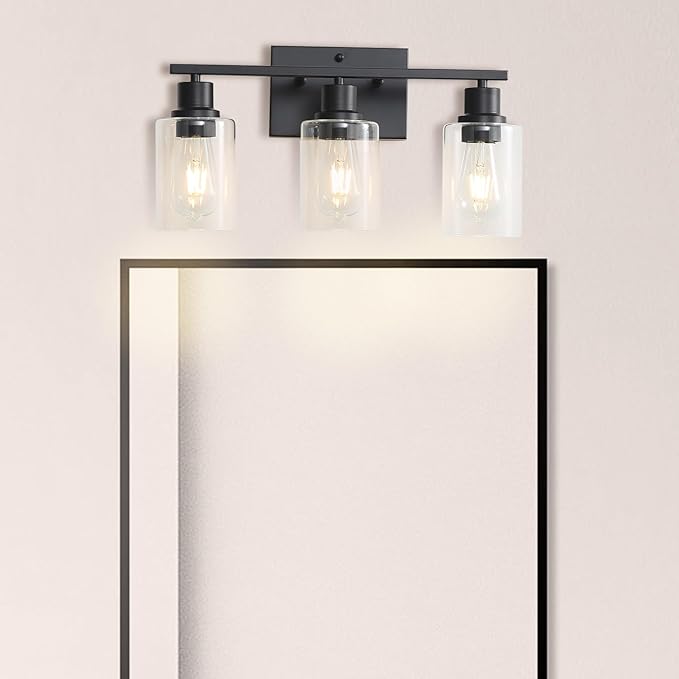 Farmhouse Vanity Light Fixtures,3-Lights Matte Black Bathroom Illumination,Matte Black Vintage Wall Sconces with Clear Glass Shades, Modern Wall Lighting for Mirror,Bedroom,Living Room