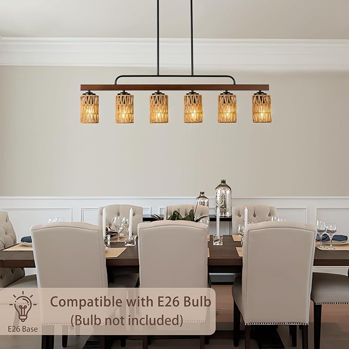 Farmhouse Dining Room Light Fixtures, 43" Rattan 6-Light Wood Kitchen Island Lights Fixture Boho Linear Chandelier Black Hanging Pendant Lighting Over Table