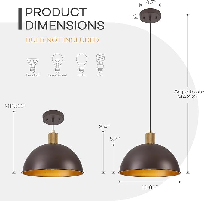 12 Inch Oil Rubbed Bronze Dome Pendant Lights 2 Pack for Kitchen Island, Height Adjustable Farmhouse Industrial Hanging Light Fixtures Over Table for Dining Room, Entryway