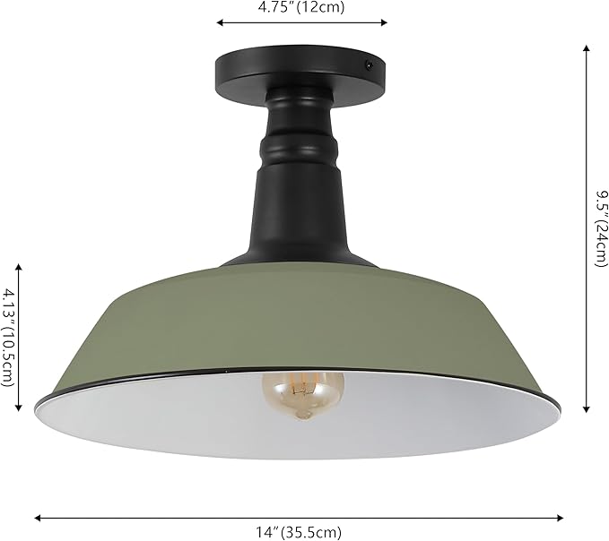 JONATHAN Y 14" Matte Olive Green/Black Industrial LED Semi Flush Mount Ceiling Light for Porch, Kitchen, Entryway, Modern Farmhouse Iron Fixture, White Metal Shade, LED Bulb Included (JYL7617I)