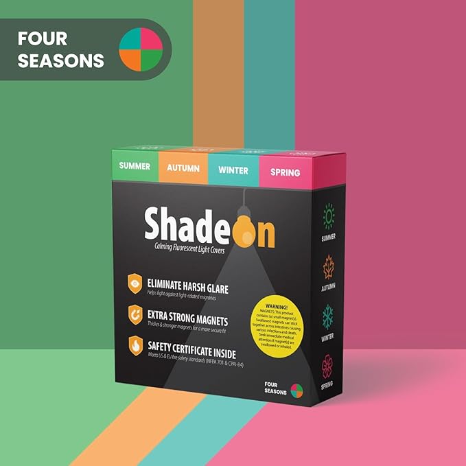 ShadeOn Fluorescent Light Covers for Ceiling Lights Classroom (4-Pack) - 2x4 ft Magnetic Office Light Covers for Fluorescent Lights, Summer, Autumn, Winter, Spring - Four Seasons