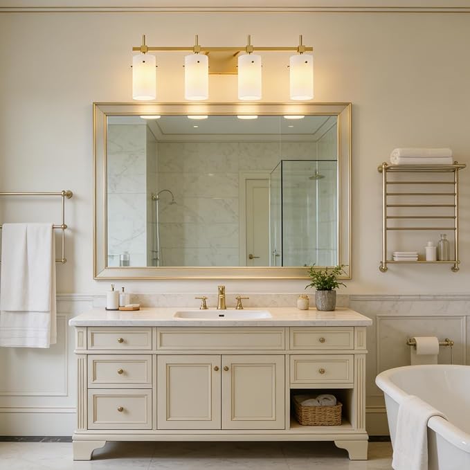 SOLFART Bathroom Light Fixtures, 4 Light Vanity Lights for Bathroom, Gold Wall Light with Milky White Glass for Mirror, Living Room, Hallway, Cabinet, E26 Base (Bulbs Not Included)