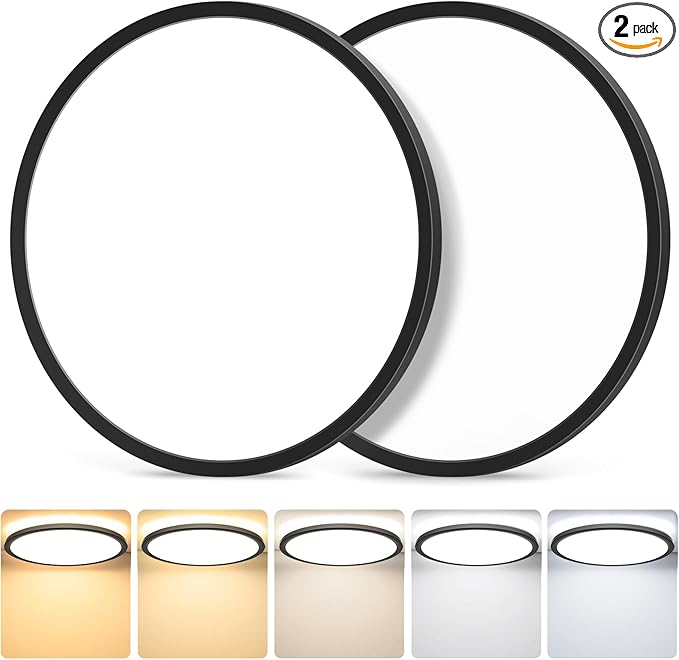 2-Pack Flush Mount LED Ceiling Light Fixtures Black, 12Inch Dimmable Ceiling Lamp 2700K/3000K/4000K/5000K/6500K 5 Color Selectable, 24 Watt 3200LM Low Profile Ceiling Light for Kitchen Bedroom Hallway