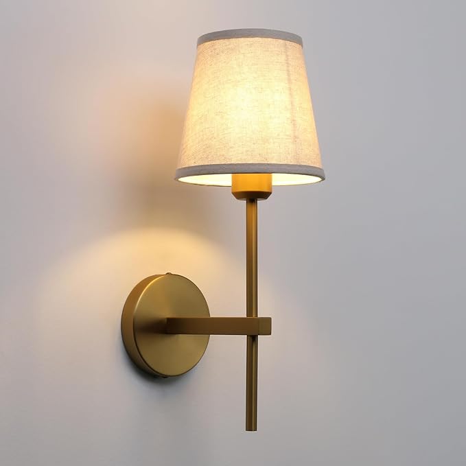 Vintage Wall Sconce with Linen Fabric Shade, E26 Bathroom Vanity Light, Hardwired Indoor 1-Light Wall Mounted Lamp for Hallway Bedside Nightstand Light