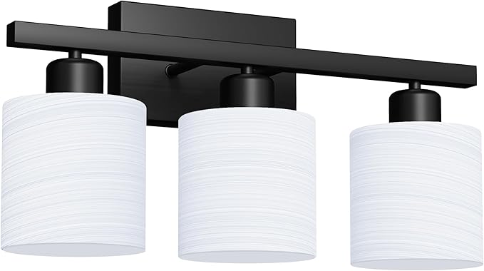 PARTPHONER Bathroom Light Fixtures, Bathroom Lighting Fixtures Over Mirror, Interior Classic Vanity Lights, Modern Vanity Light with Textured White Glass Shade, Matte Black, 3-Light