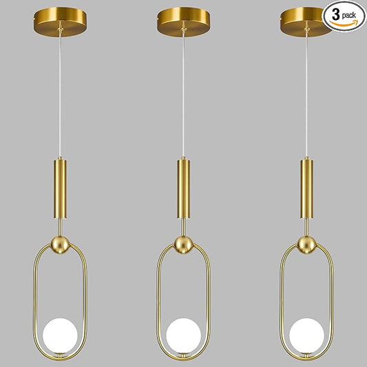 Modern Oblong Glass Pendant Light fixtures 1-Light, Simplicity Gold Pendant Lighting, Mid Century Chandelier for Kitchen Island Dining Room Bedroom Entryway Hallway(3-Pack)
