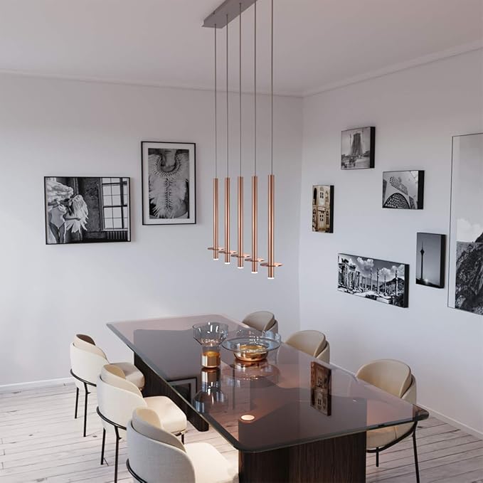 Draco 5 Pendant Lighting Copper – LED Hanging Light Fixture for Kitchen Island, Bar, Foyer – Equilateral Cluster of Mini Metal Rod Pipe Tube Cylinders – Dimmable, Adjustable Wire, Lamp Bulb Included