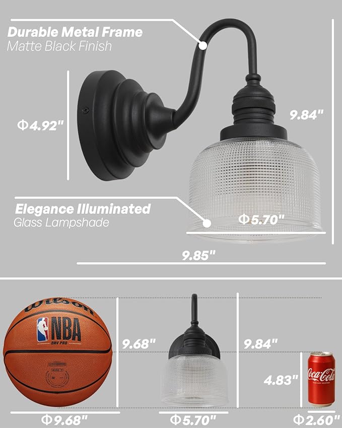 Vintage Wall Sconce Light Black Bathroom Vanity Light with Clear Checkered Glass Shade Hardwire Sconce Indoor Farmhouse Wall Lamp Fixture for Bathroom Mirror Living Room Bedroom Kitchen