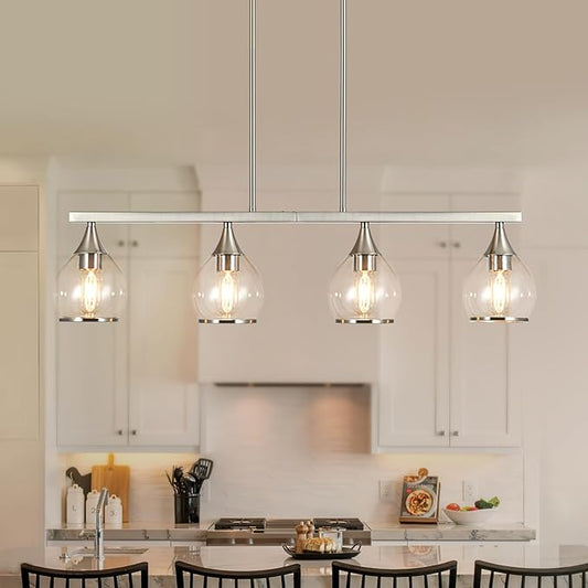 Island Light for Kitchen, 4-Light Brushed Nickel Island Pendant Lighting with Clear Round Glass Shades for Kitchen, Dining Table, Living Room