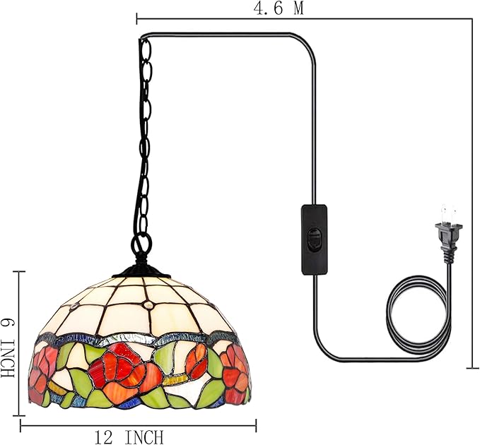 Tiffany Pendant Light Plug in Stained Glass Hanging Lamp Wide 12 Inch, Chain 33 Inch, Cord 15 Feet -Rose Flower Style