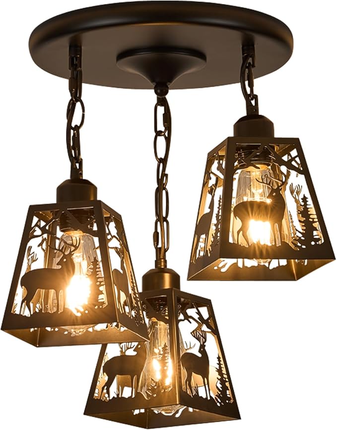 Farmhouse Rustic Ceiling Light Fixture,Black Metal Cage Pendant Lights Kitchen Island with Deer,Industrial Hanging Pendant Lighting for Dining Room Bedroom Entryway Hallway Foyer