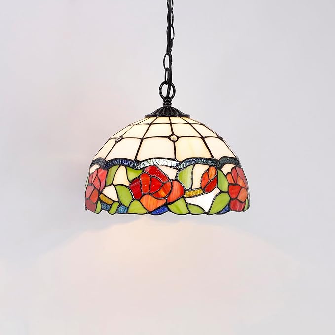 Tiffany Pendant Light Plug in Stained Glass Hanging Lamp Wide 12 Inch, Chain 33 Inch, Cord 15 Feet -Rose Flower Style