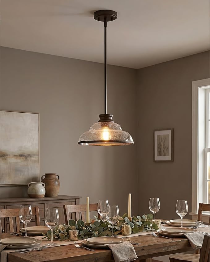 kudos Pendant Lights Kitchen Island, 11" Oil Rubbed Bronze Kitchen Island Lighting with Seeded Glass Shade, Farmhouse Large Hanging Light Fixture for Kitchen Sink Dining Room, KDPL14-ORB-2PK